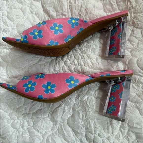 Pink and Blue Floral Sling with Lucite Heel - Picture 2 of 4